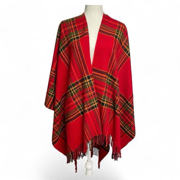Vintage Forum Panco Cape Wrap Shawl Red Tartan Plaid One Size Fringe Cozy Fall - Picture 1 of 7